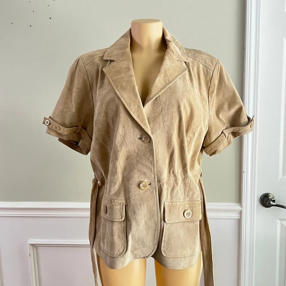 Bradley Suede Safari Jacket Women Short Sleeve Belted Tan Retro Western Boho